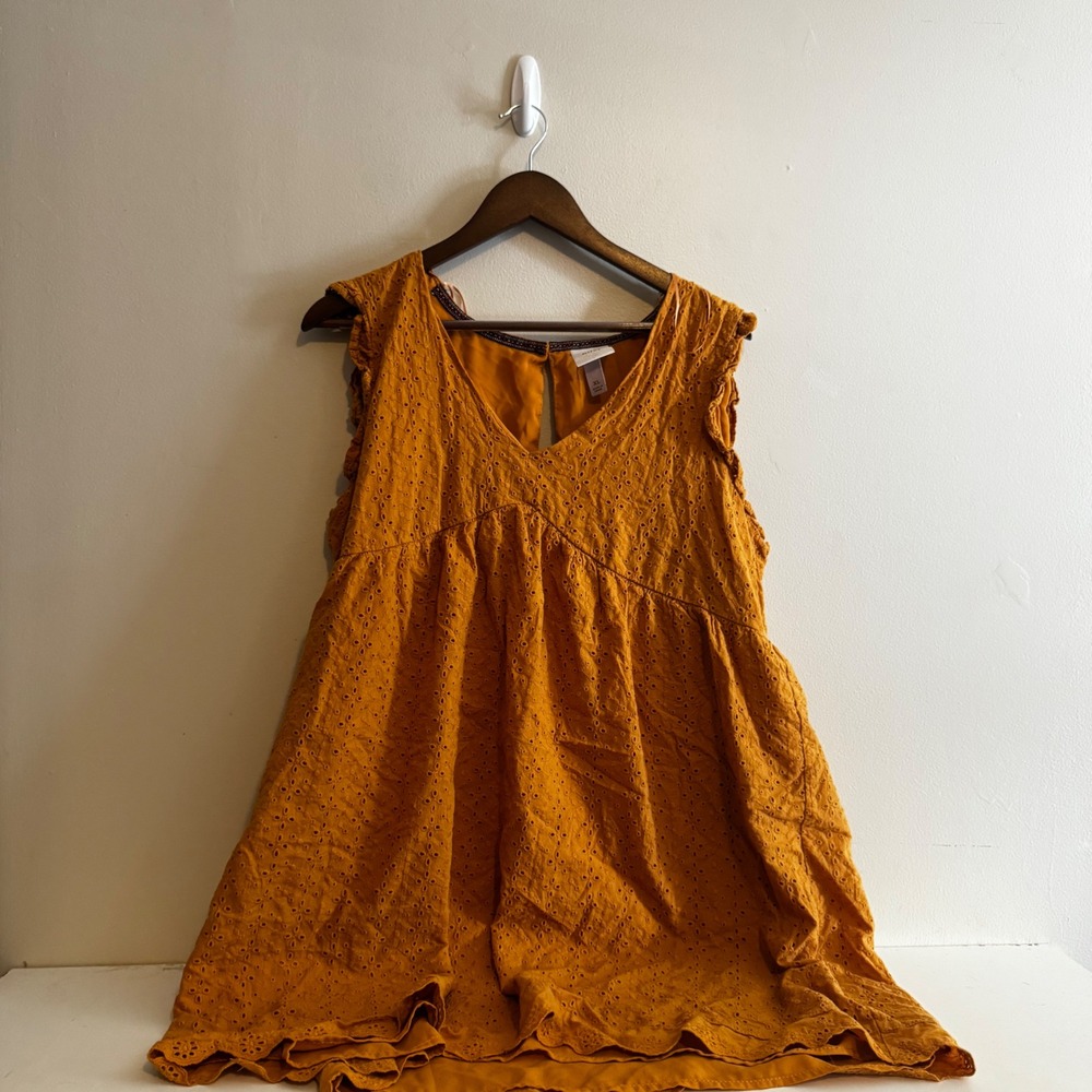 Knox Rose Women's Mustard Yellow Eyelet Babydoll Dress XL Cotton Fall Layers